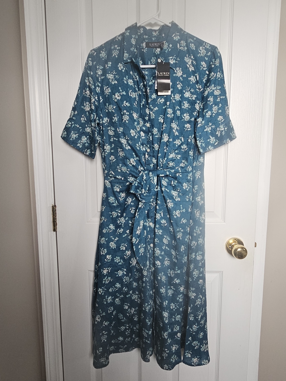 Ralph Lauren Teal Floral Tie-Waist Midi Dress